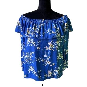 Sienna Sky Womens Blue Floral Bell Sleeve Off Shoulder Blouse Top Large